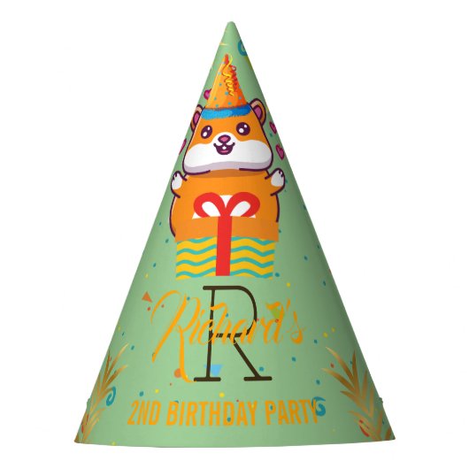かわいいハムスターのグリーンテーマの子供の誕生日パーティー パーティーハット (正面)