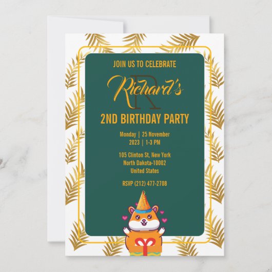 かわいいハムスターのグリーンテーマの子供の誕生日パーティー 招待状 (正面)