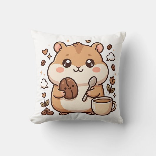 かわいいハムスターのコーヒー柄のスロー枕 クッション (正面)