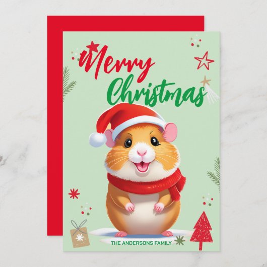 かわいいハムスターのサンタクリスマスホリデーファミリー名 シーズンカード (正面/裏面)