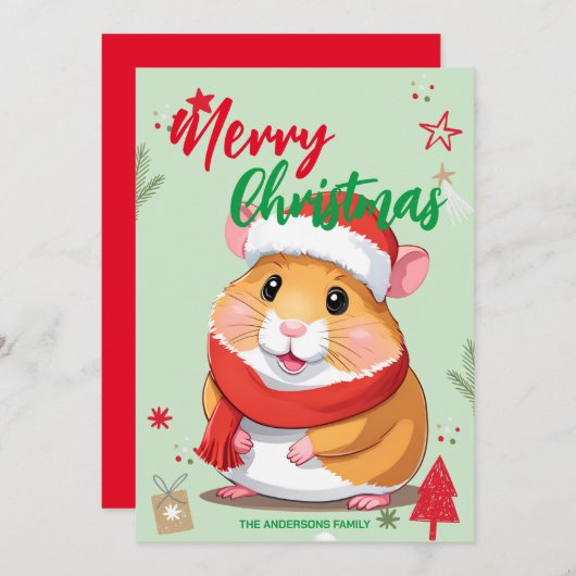 かわいいハムスターのサンタクリスマスホリデーファミリー名 シーズンカード (正面/裏面)