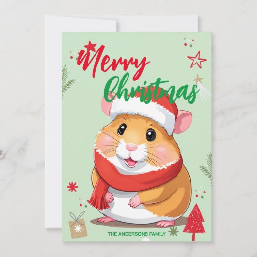 かわいいハムスターのサンタ クリスマスホリデー 家族の名前 シーズンカード (正面)