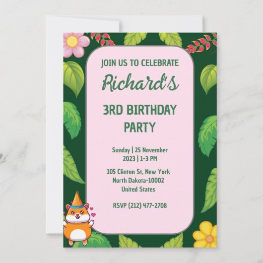 かわいいハムスターの植物性をテーマにした子どもの誕生日パーティー 招待状 (正面)