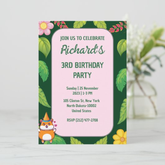 かわいいハムスターの植物性をテーマにした子どもの誕生日パーティー 招待状 (スタンド正面)