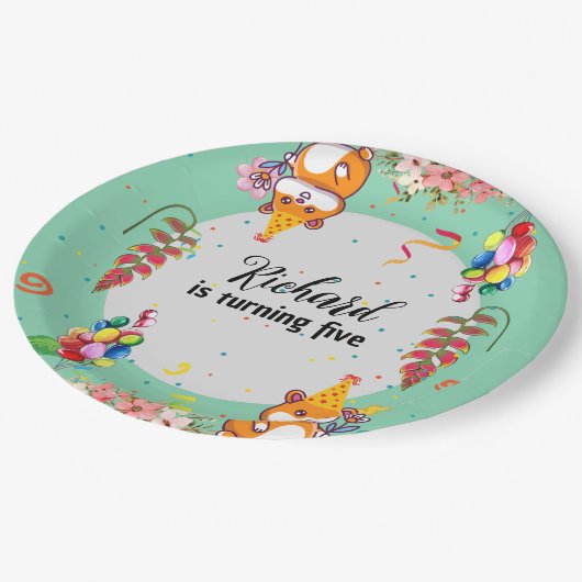 かわいいハムスターをテーマにした子どもの誕生日パーティー ペーパープレート (アングル)