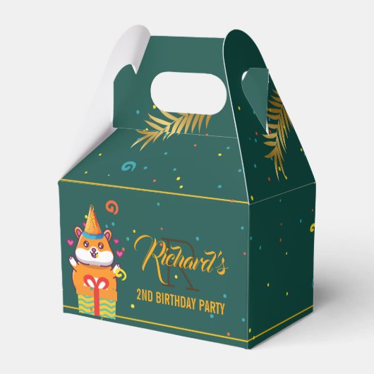 かわいいハムスターグリーンをテーマにした子どもの誕生日パーティー フェイバーボックス (正面サイド)