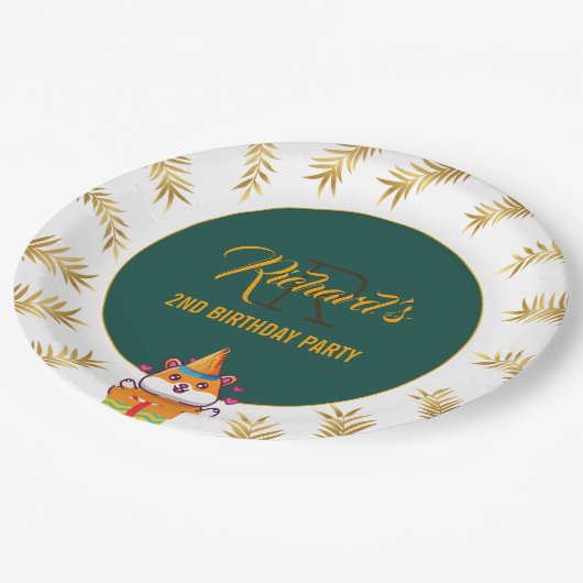 かわいいハムスターグリーンをテーマにした子どもの誕生日パーティー ペーパープレート (アングル)