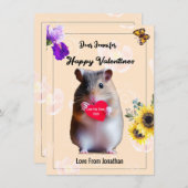 かわいいハムスターハートとフローラデザインバレンタイン サンキューカード (正面/裏面)
