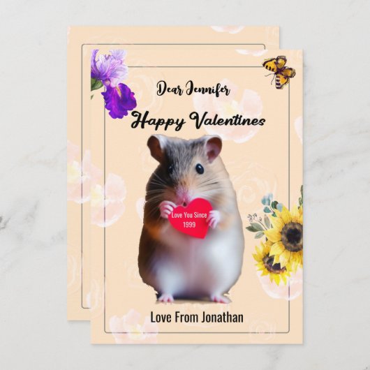 かわいいハムスターハートとフローラデザインバレンタイン サンキューカード (正面/裏面)