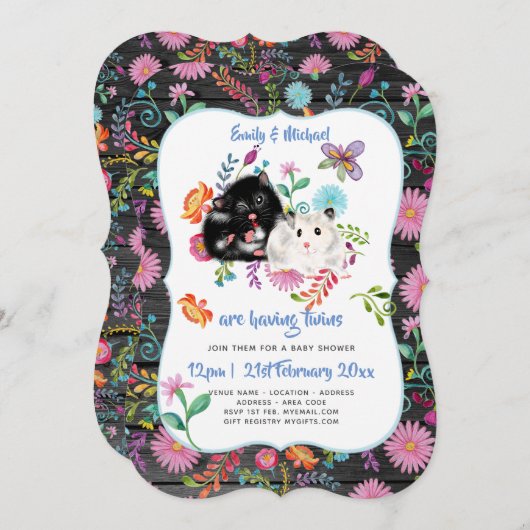 かわいいハムスター双子ベビーシャワー招待状フォーク花 招待状 (正面/裏面)