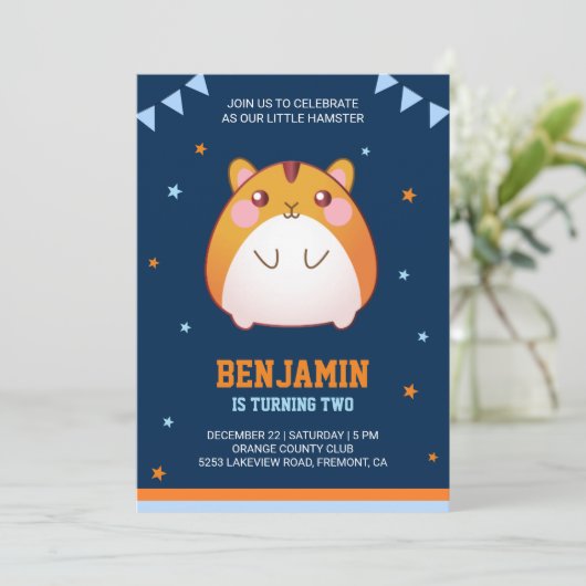 かわいいハムスター誕生日パーティーの招待状 招待状 (スタンド正面)