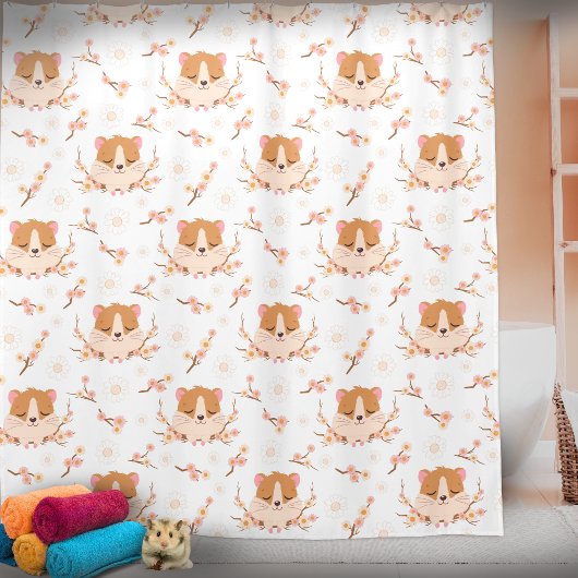 かわいいハムスター顔とピンクの花柄のお風呂 シャワーカーテン