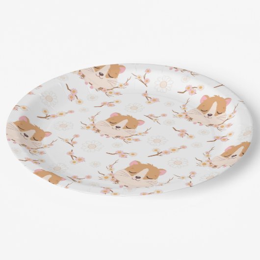 かわいいハムスター顔とピンクの花柄パーティー ペーパープレート (アングル)