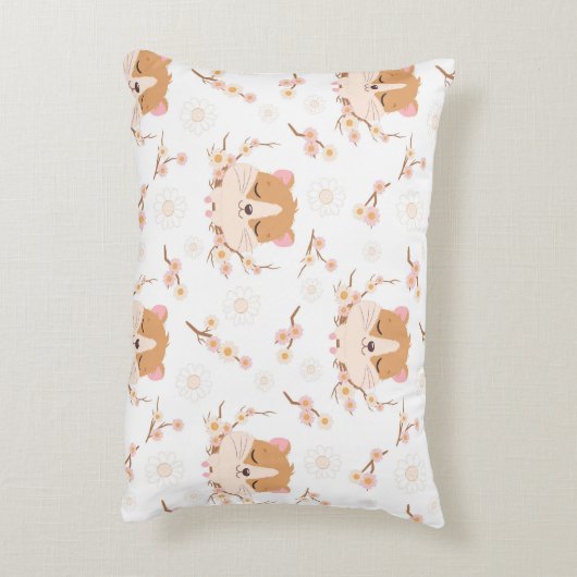 かわいいハムスター顔とピンクの花柄 アクセントクッション (裏面(縦))
