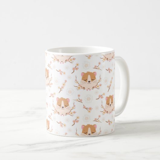 かわいいハムスター顔とピンクの花柄 コーヒーマグカップ (正面右)