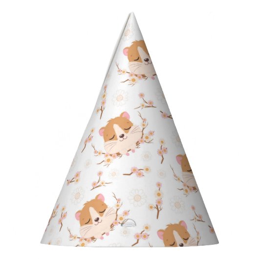 かわいいハムスター顔とピンクの花柄 パーティーハット (左)