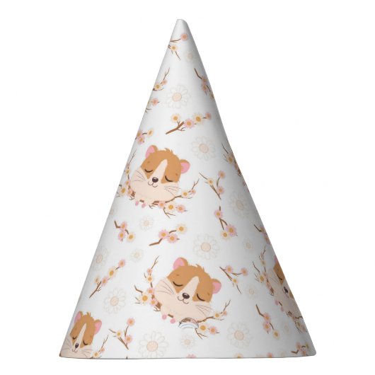 かわいいハムスター顔とピンクの花柄 パーティーハット (右)