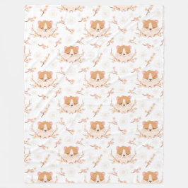 かわいいハムスター顔とピンクの花柄 フリースブランケット