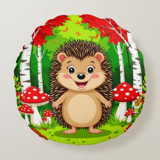 かわいいハリネズミが明るい森にいる ラウンドクッション (正面)