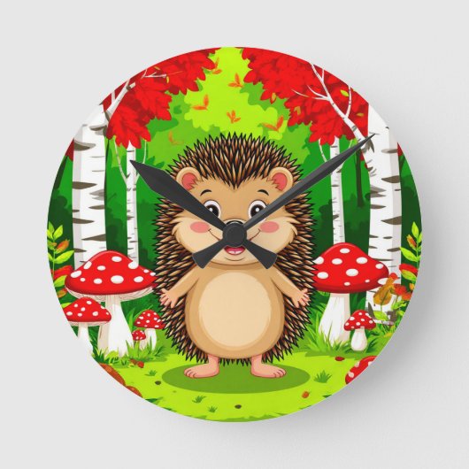かわいいハリネズミが明るい森にいる ラウンド壁時計 (正面)