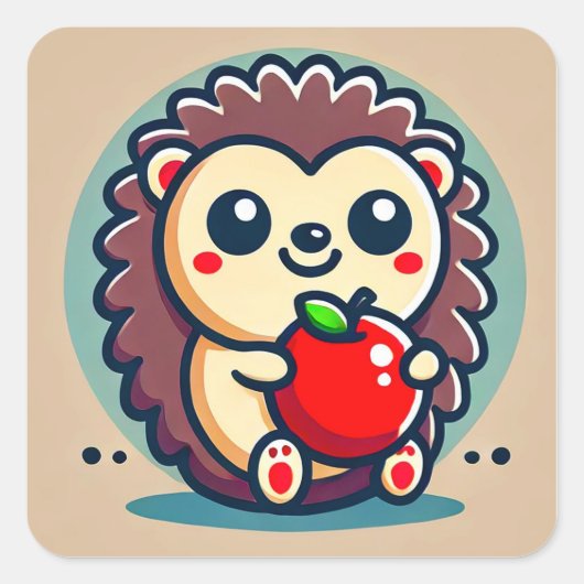 かわいいハリネズミが赤いリンゴを持つ 🦔🍎 スクエアシール (正面)