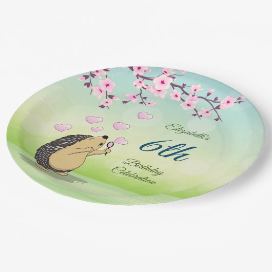 かわいいハリネズミさくらんぼブロッサム |カスタム誕生日 ペーパープレート (アングル)