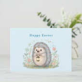 かわいいハリネズミとイースターのランタン シーズンカード (スタンド正面)