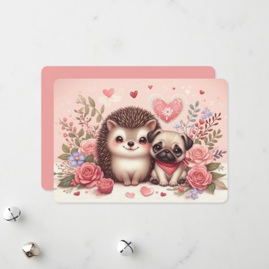 かわいいハリネズミとパグのバレンタインデーカード シーズンカード (正面/裏面インサイチュ)