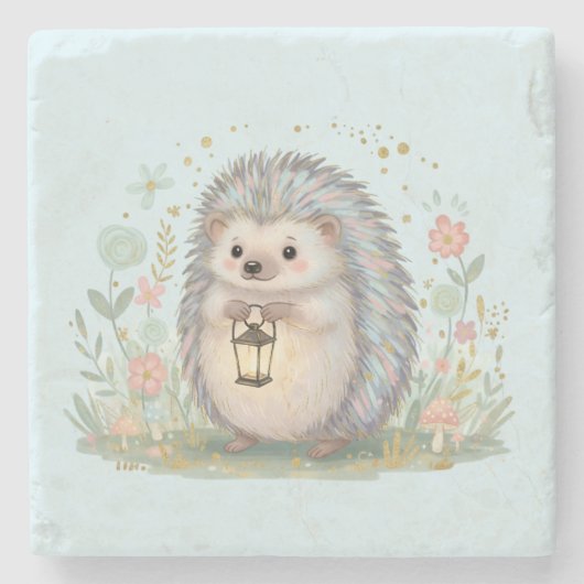 かわいいハリネズミとランタン ストーンコースター (正面)