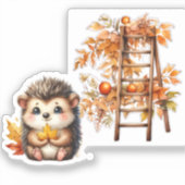 かわいいハリネズミと収穫のはしごのイラスト シール (正面)