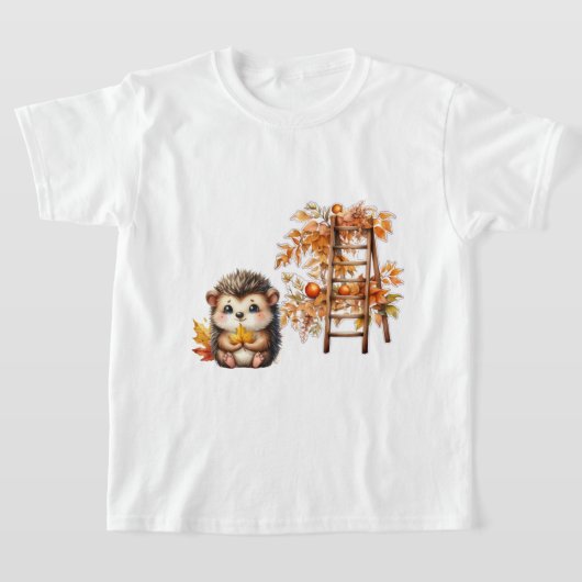 かわいいハリネズミと収穫のはしごのイラスト Tシャツ (レイダウン)