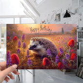 かわいいハリネズミと夕暮れ花誕生日 カード