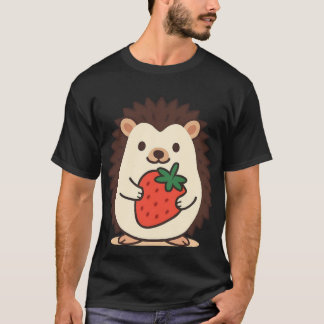 かわいいハリネズミのイチゴを持つデザイン Tシャツ