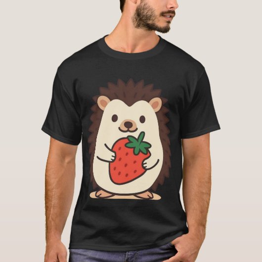 かわいいハリネズミのイチゴを持つデザイン Tシャツ (正面)
