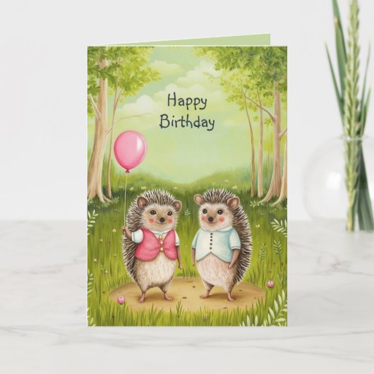 かわいいハリネズミのカップル絵を描フォレストの誕生日 カード (正面)