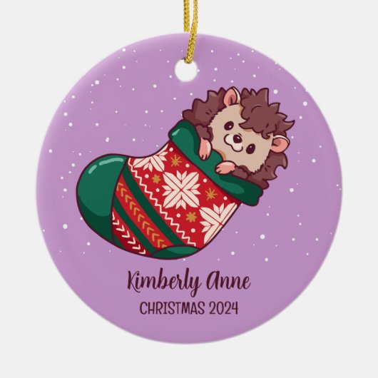 かわいいハリネズミのクリスマス動物の雪の冬の休日 セラミックオーナメント (正面)