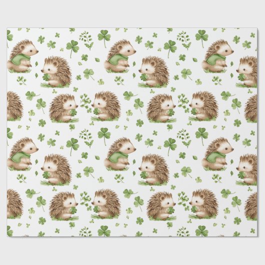 かわいいハリネズミのグリーンハットシャムロックサンパトリックの日 ラッピングペーパー (フラット)