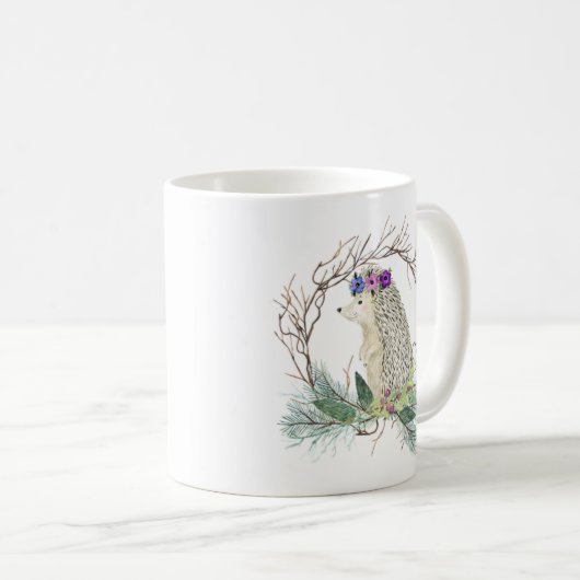 かわいいハリネズミのデマのリースのマツ枝マグ コーヒーマグカップ (正面右)