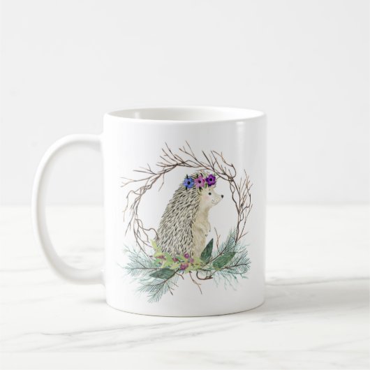 かわいいハリネズミのデマのリースのマツ枝マグ コーヒーマグカップ (左)