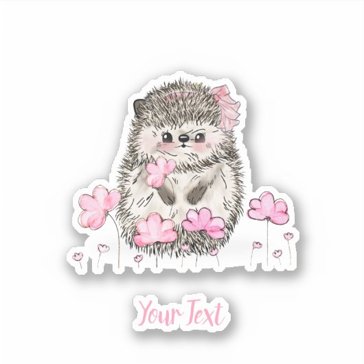 かわいいハリネズミのピンクの花文字 シール (正面)