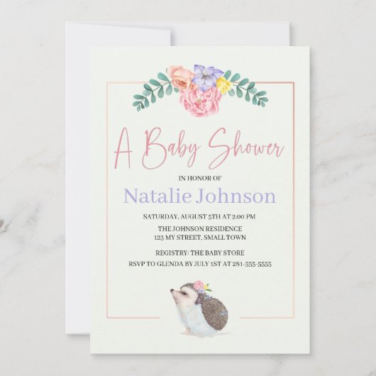 かわいいハリネズミのピンク赤ちゃん女の子の赤ちゃんシャワー 招待状 (正面)