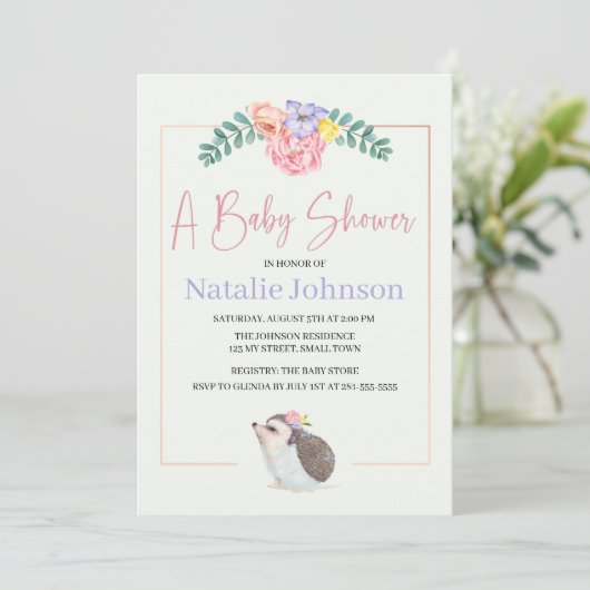 かわいいハリネズミのピンク赤ちゃん女の子の赤ちゃんシャワー 招待状 (スタンド正面)