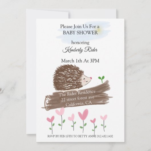 かわいいハリネズミのベビーシャワー 招待状 (正面)