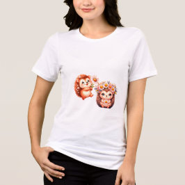 かわいいハリネズミのロマンチックな花のデュオイラスト トライブレンドＴシャツ