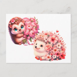 かわいいハリネズミのロマンチックな花のデュオイラスト ポストカード