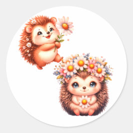 かわいいハリネズミのロマンチックな花のデュオイラスト ラウンドシール