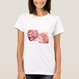 かわいいハリネズミのロマンチックな花のデュオイラスト Tシャツ