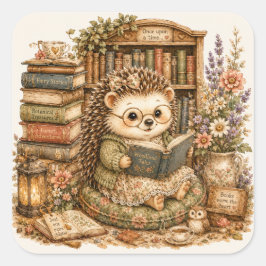 かわいいハリネズミの図書館シーン コテージコア スクエアシール