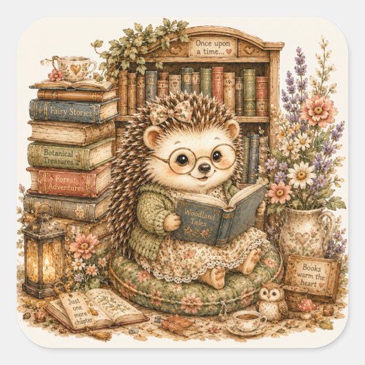 かわいいハリネズミの図書館シーン コテージコア スクエアシール (正面)