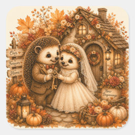 かわいいハリネズミの新婚カップル 森のウエディング スクエアシール